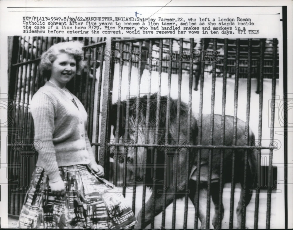 1962 Press Photo Shirley Farmer Leaves Convent to Train Lions, Manchester