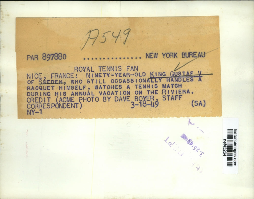 1949 Press Photo King Gustaf V of Sweden at Nice, France Tennis Match