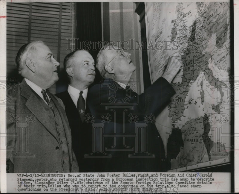 Load image into Gallery viewer, 1953 Press Photo John Foster Dulles returned pointing on the Trouble Spots
