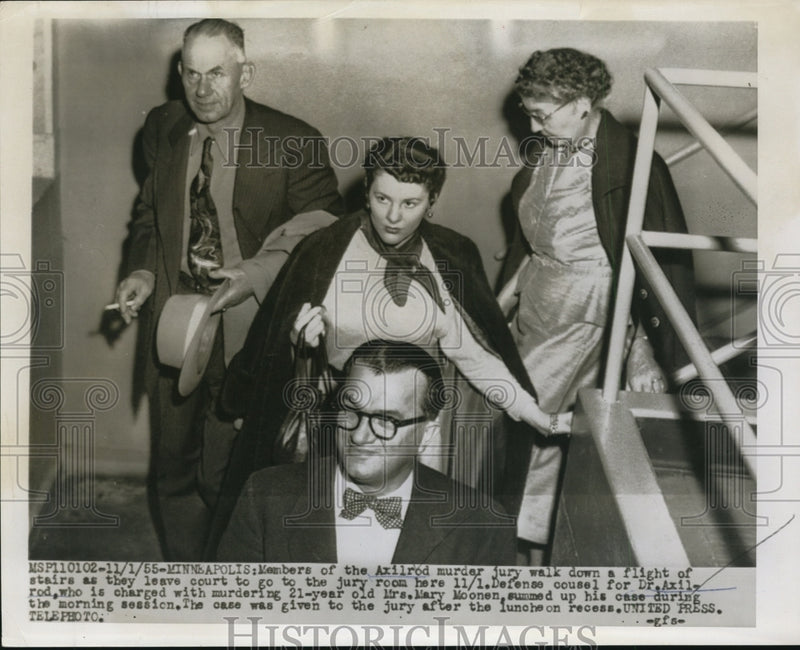 Load image into Gallery viewer, 1955 Press Photo Dr Axilrod Jury Members Leaving Minneapolis, Minnesota Court

