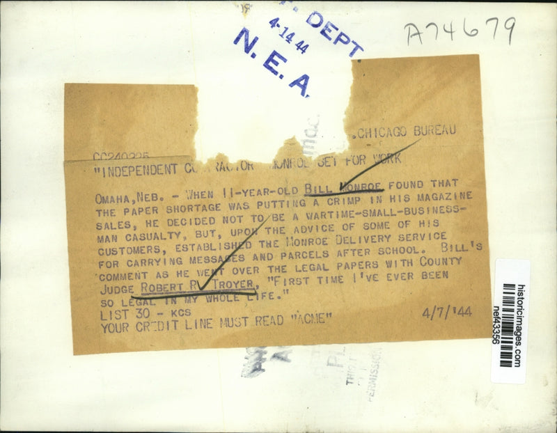 Load image into Gallery viewer, 1944 Press Photo Bill Monroe Found Paper Shortage was Causing Crimp In Sales
