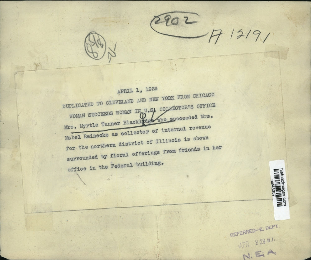 1929 Press Photo Myrtle Blacklide Succeeds Mabel Reinecke as Collector of IRS