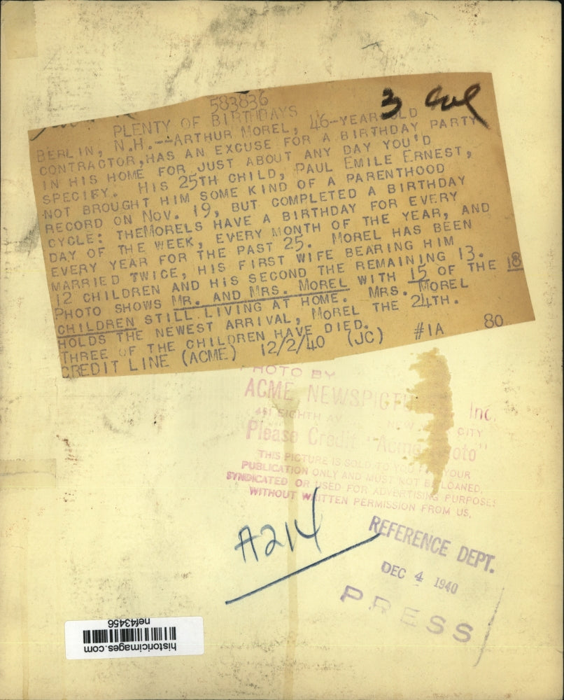 1940 Press Photo The Morels' Family Have Birthdays Every Day Month and Year