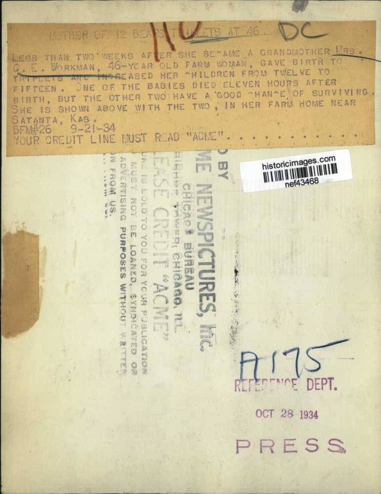 1934 Press Photo Mrs.C.R. Workman gave birth to triplets at the age of 46