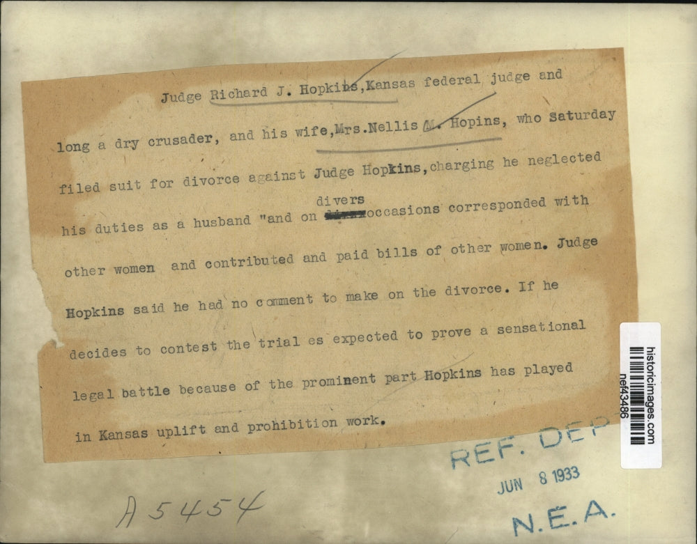 1933 Press Photo Judge Richard J.Hopkins Kansas Federal Judge and wife Nellis