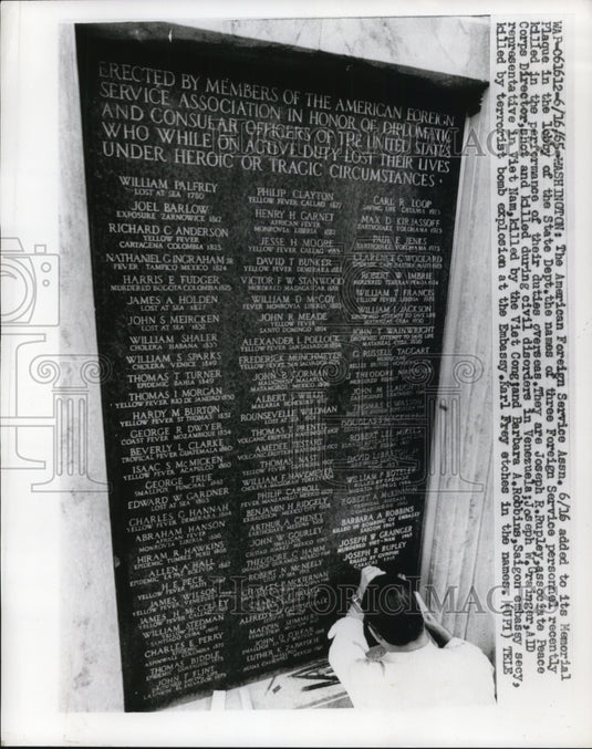 1965 Press Photo American Foreign Service Memorial Plaque in Washington, D.C.