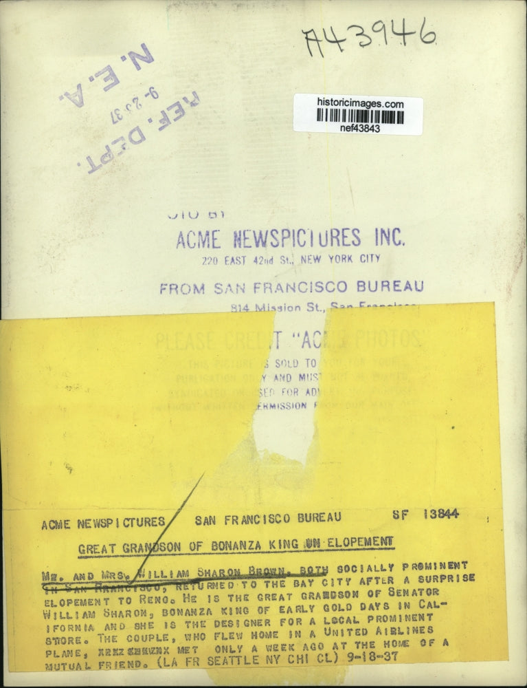 1937 Press Photo William Sharon Brown & Wife at San Franscisco Airport