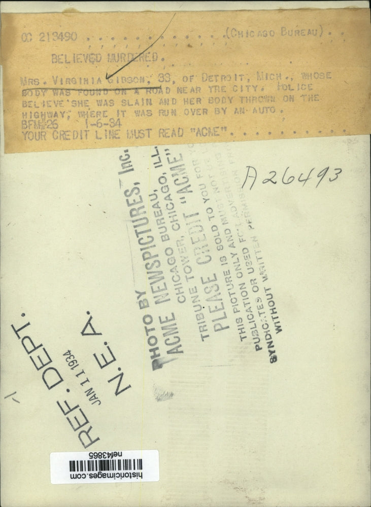 1934 Press Photo Virginia Gibson, Detroit Murder Victim - nef43865
