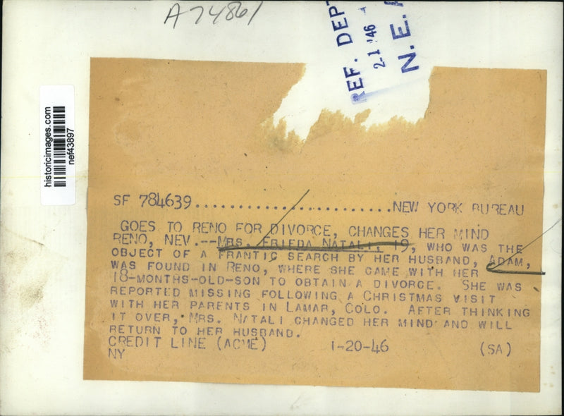 Load image into Gallery viewer, 1946 Press Photo Frieda Natali, Missing woman Found in Reno, Nevada - nef43897

