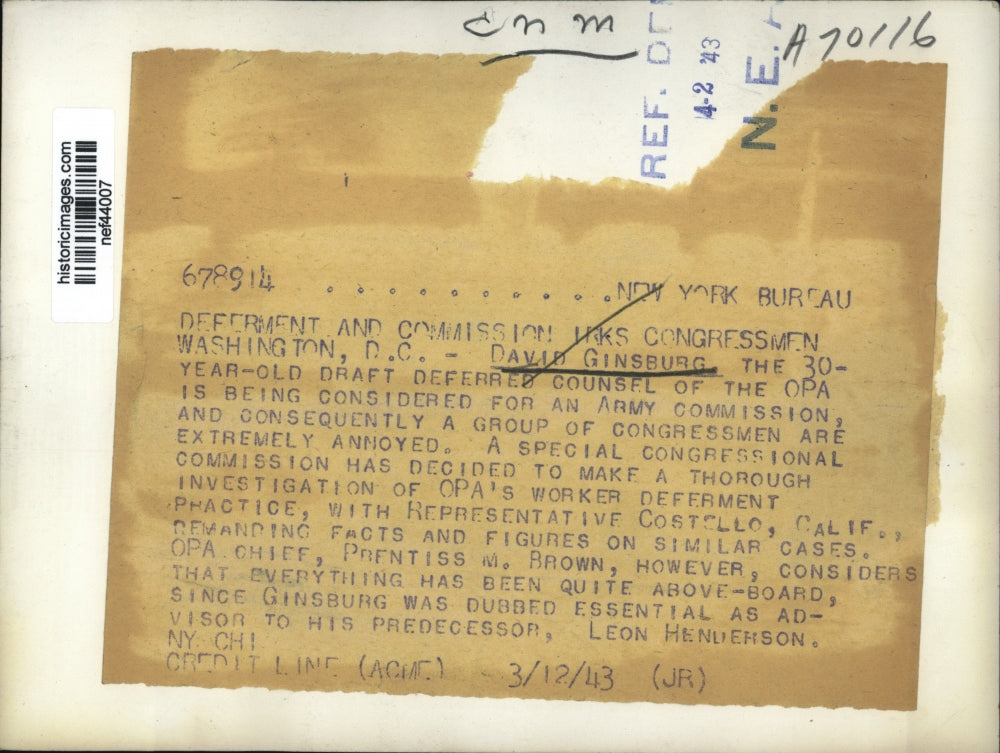 1943 Press Photo David Ginsburg of the OPA Considered for Army Commission