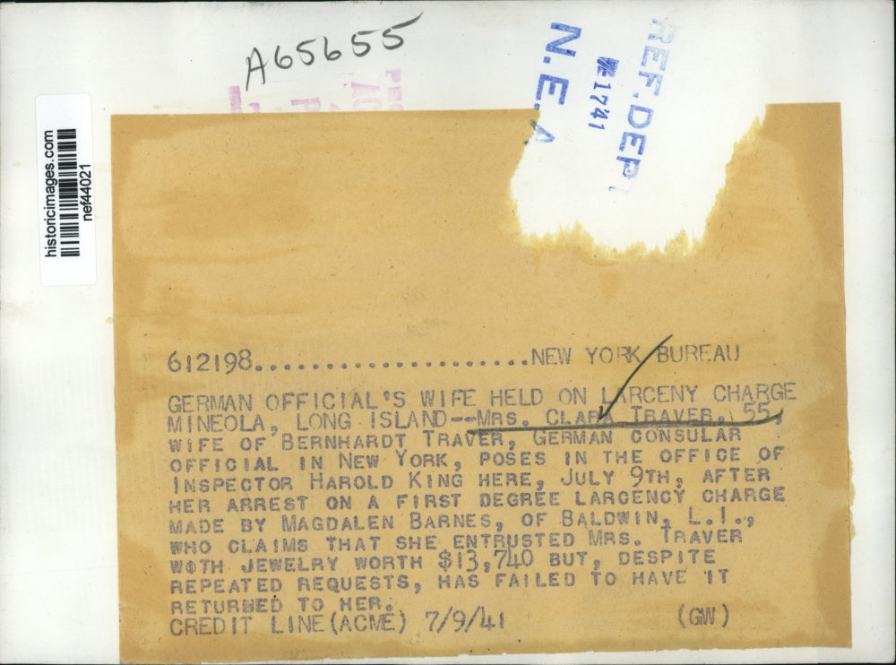 1941 Press Photo Mrs.Clara Traver German Official's wife held on Larceny Charge