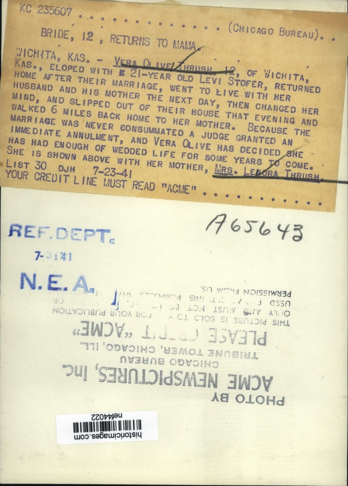 Load image into Gallery viewer, 1941 Press Photo Vera Olive Thrush eloped with Levi Stofer returned to her Mama
