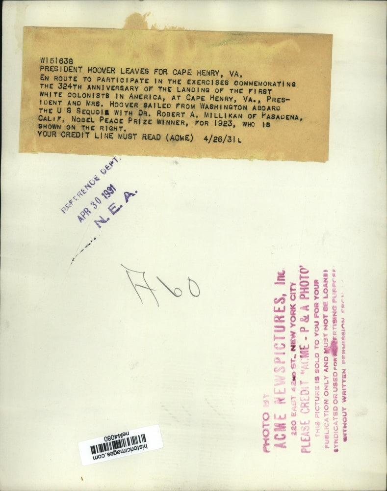 1931 Press Photo Pres & Mrs Hoover En Route to Landing of White Colonists Anniv