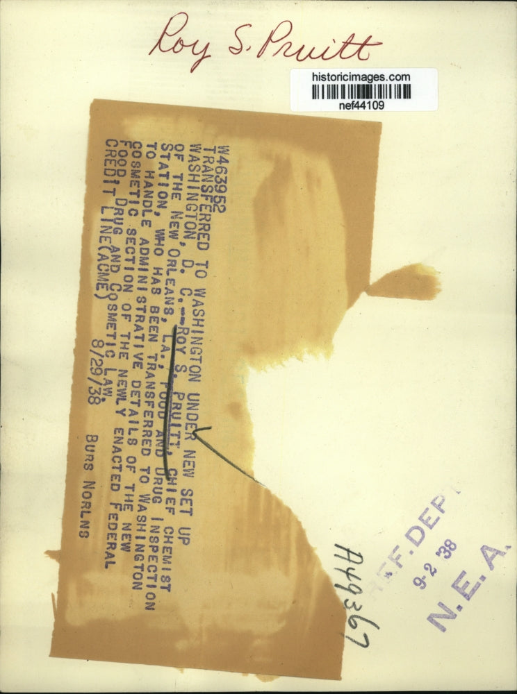 1938 Press Photo Roy S Pruitt Transferred to Washington for Administrative Duty