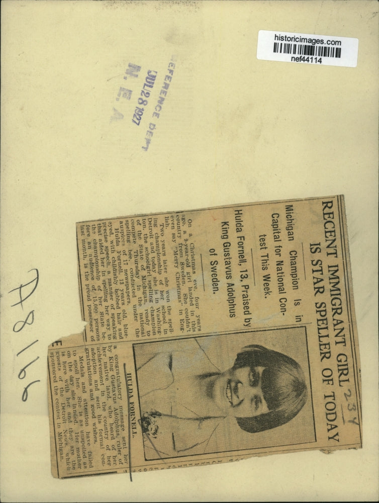 1927 Press Photo Immigrant Hulda Fornell Wins Spelling Championship at School