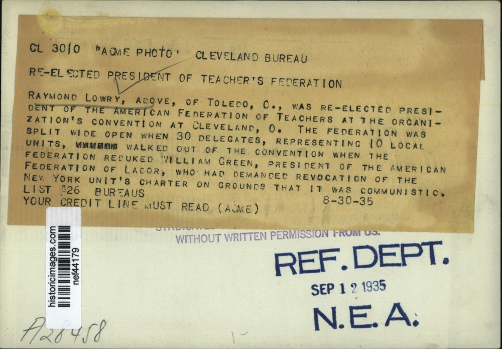 1935 Press Photo Raymond Lowry President American Federation of Teachers