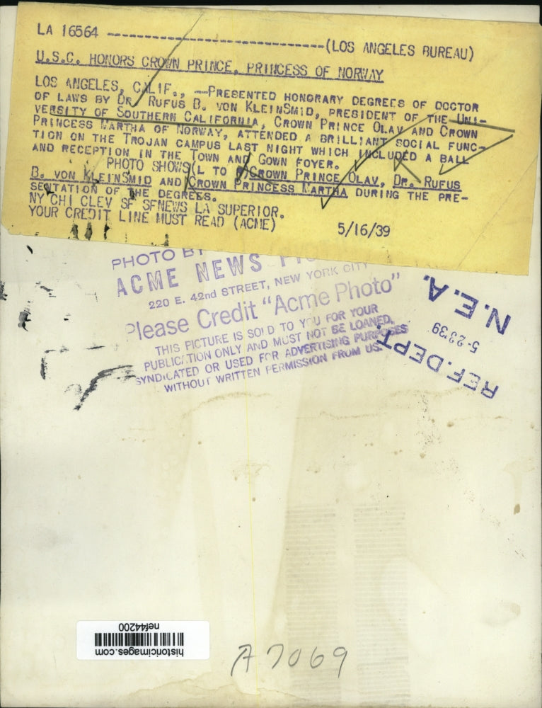 1939 Press Photo Prince Olav, Princess Martha of Norway Receive Degrees, USC