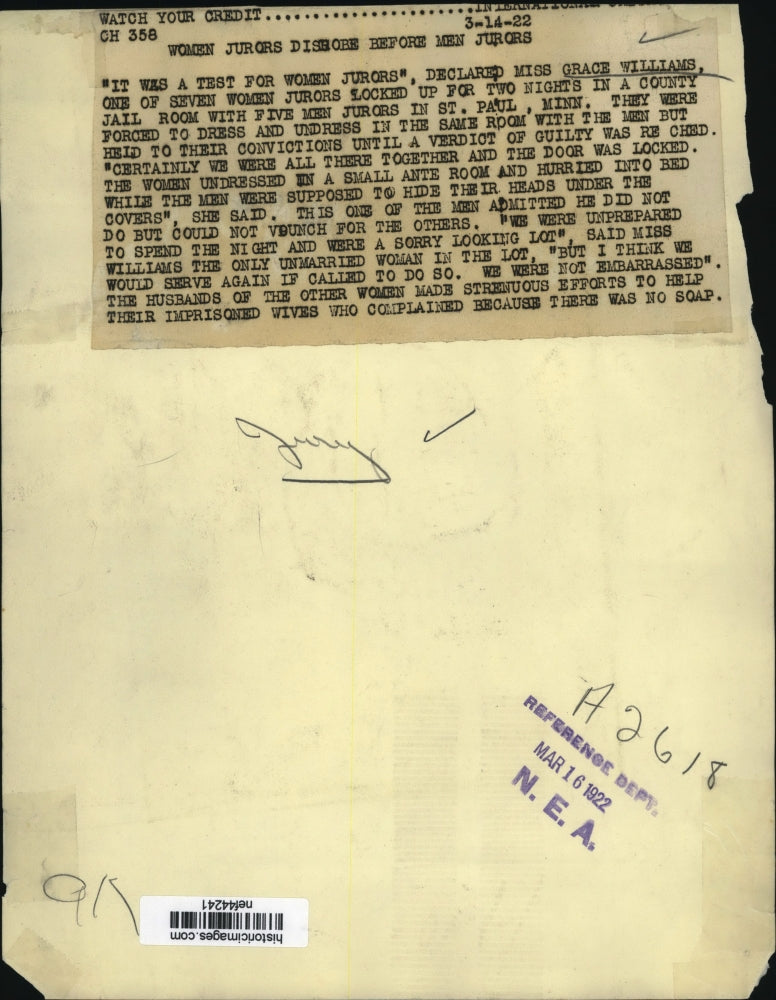 1922 Press Photo Grace Williams, Jury Member Locked Up in St. Paul, Minnesota