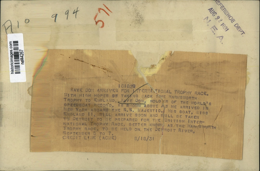 1931 Press Photo Kaye Don Speedboat Record Holder Arrives in New York from UK