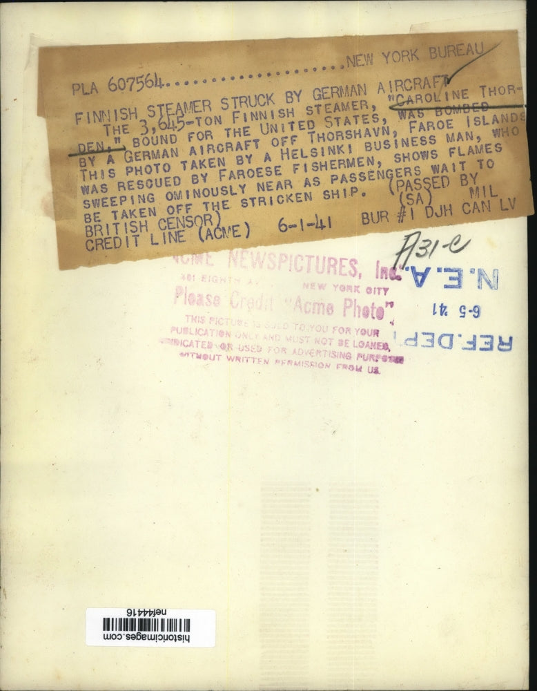 1941 Press Photo Finnish Steamer Caroline Thorden Hit by German Aircraft