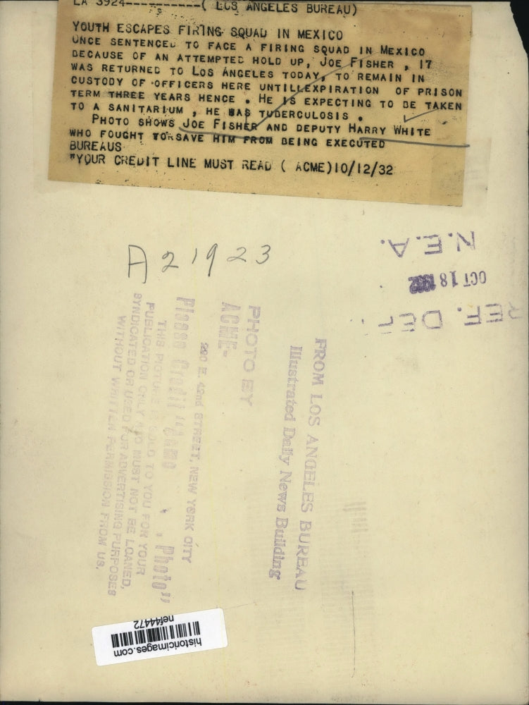 1932 Press Photo Joe Fisher, Escaped Mexico Firing Squad, Deputy Harry White