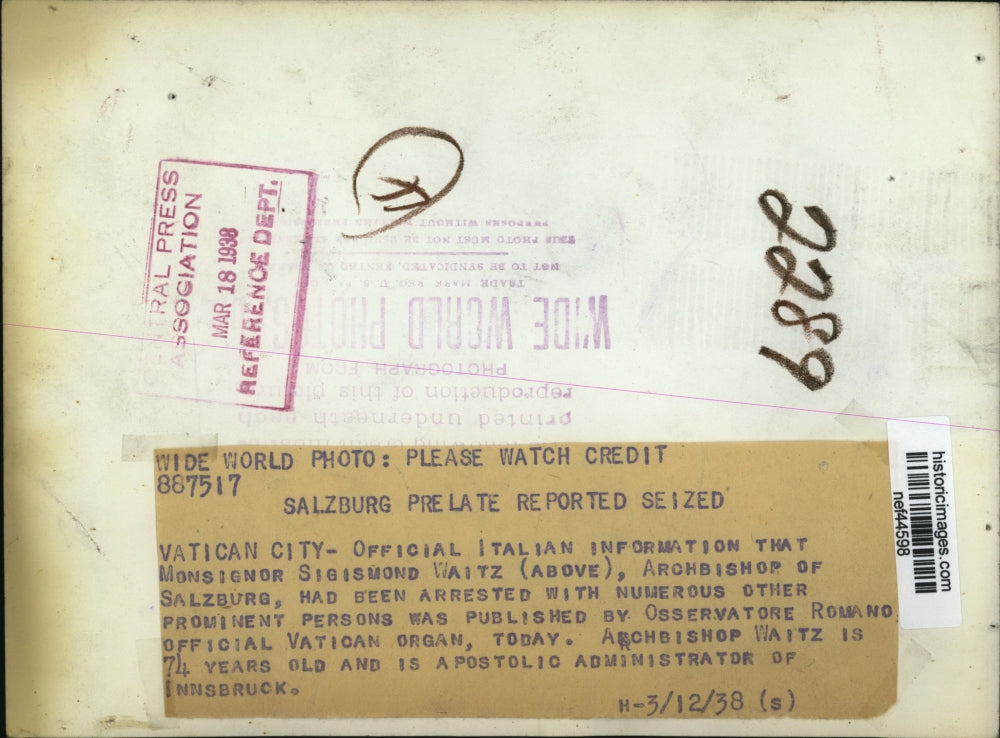 1938 Press Photo Monsignor Sigismond Waitz Archbishop of Salzburg Arrested