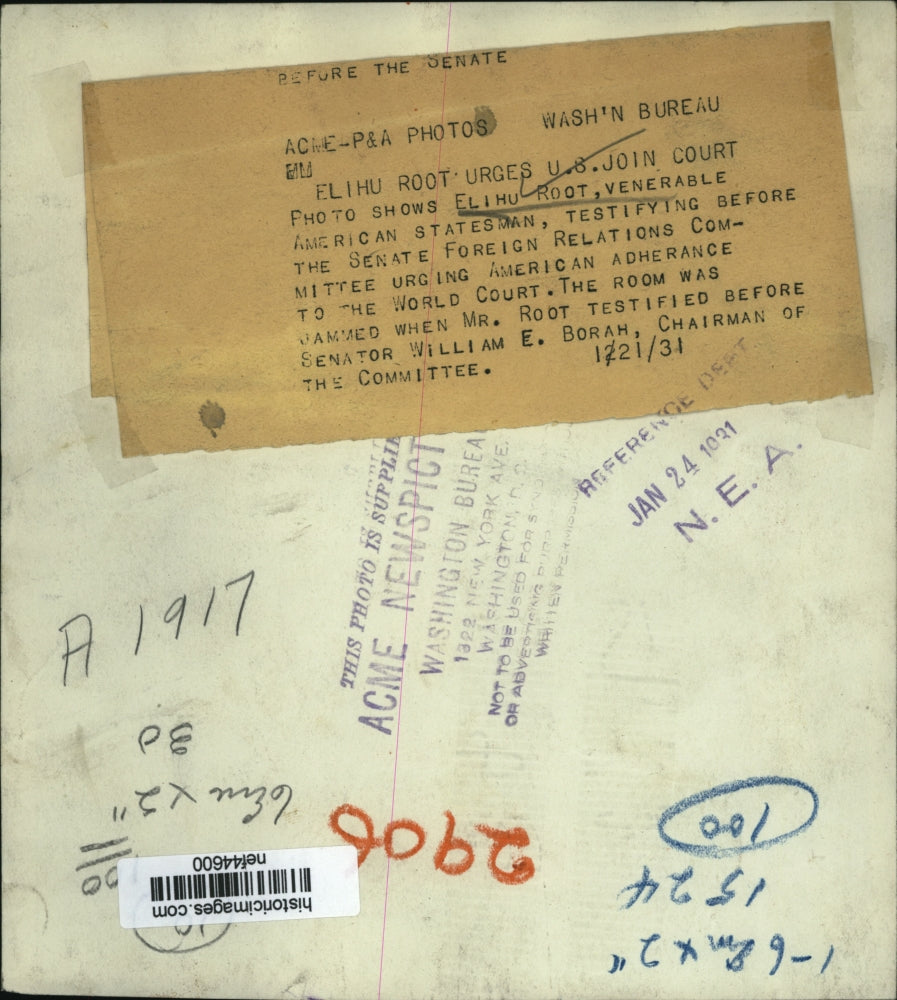 1931 Press Photo Elihu Root Testifies in Senate Foreign Relations Committee