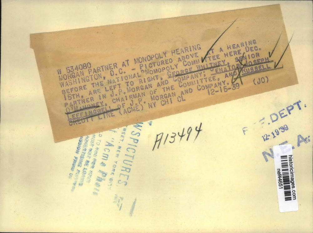 1939 Press Photo George Whitney, Senator Joseph O'Mahoney, Russell Leffingwell