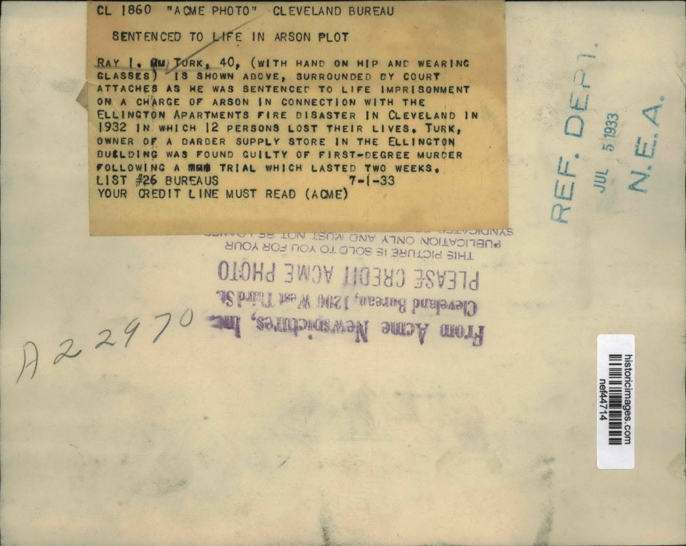 1933 Press Photo Ray I. Turk Sentenced in Ellington Apartments Arson, Chicago