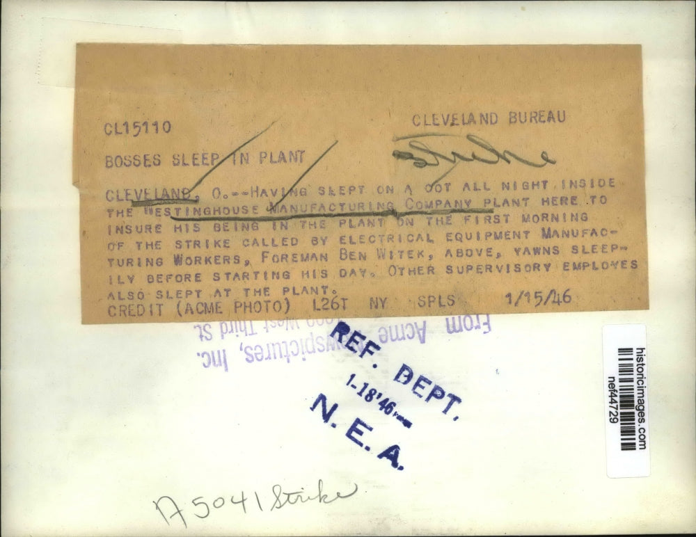 1946 Press Photo Foreman Sleeping at Westinghouse Plant in Preparation Strike