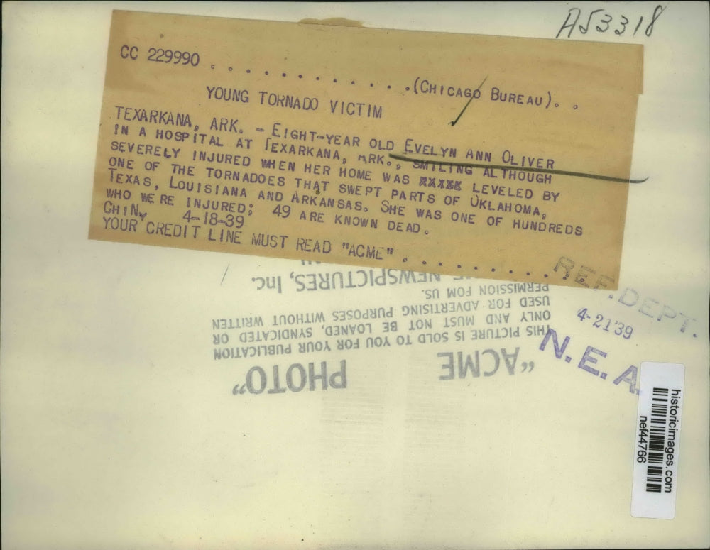 1939 Press Photo Evelyn Ann Oliver Severely Injured When Tornado Struck Her Home