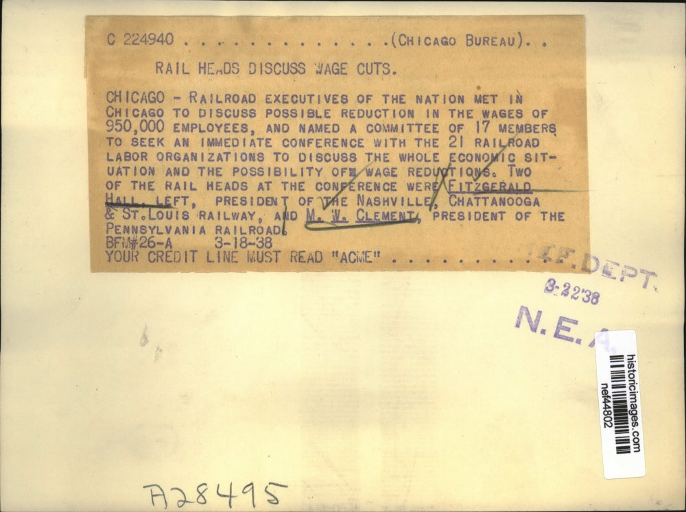 1938 Press Photo Fitzgerald Hall, M.W. Clement Meeting on Railroad Wage Cuts