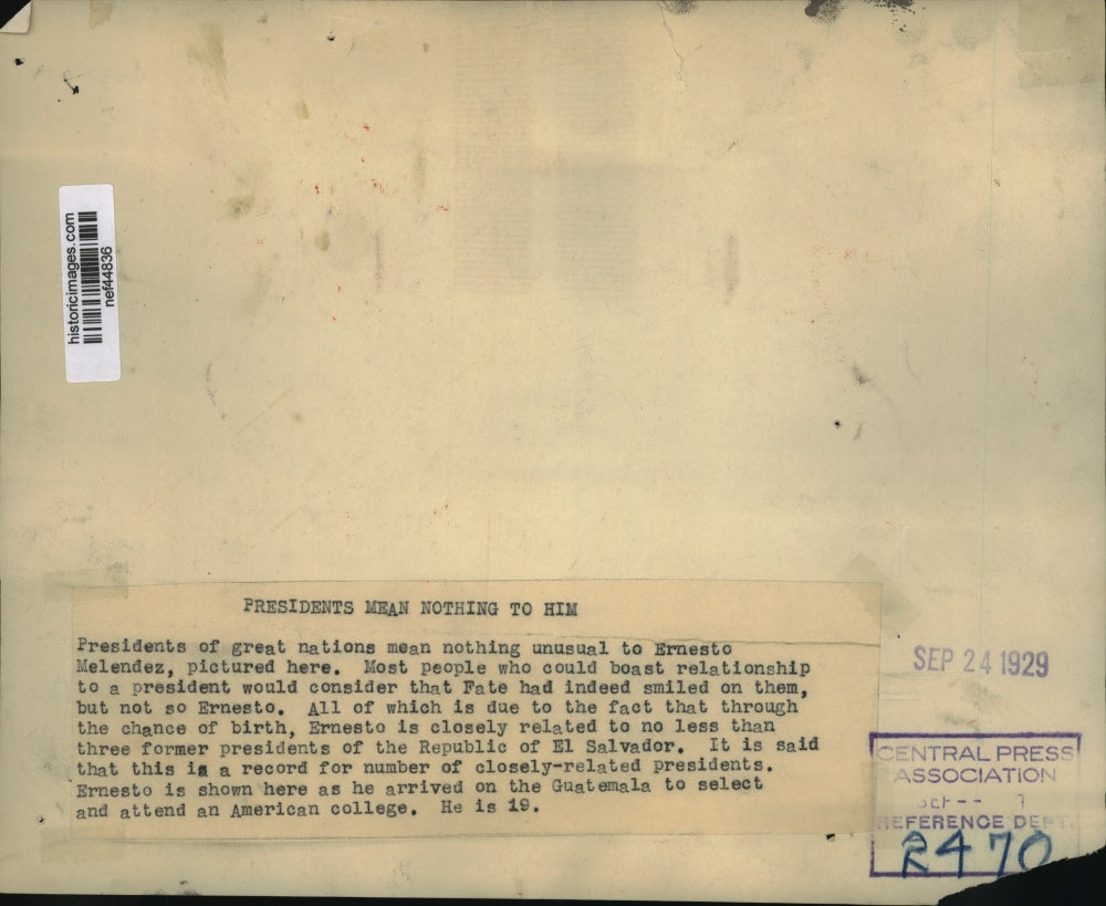1929 Press Photo Ernesto Melendez, Related to El Salvador Presidents - nef44836