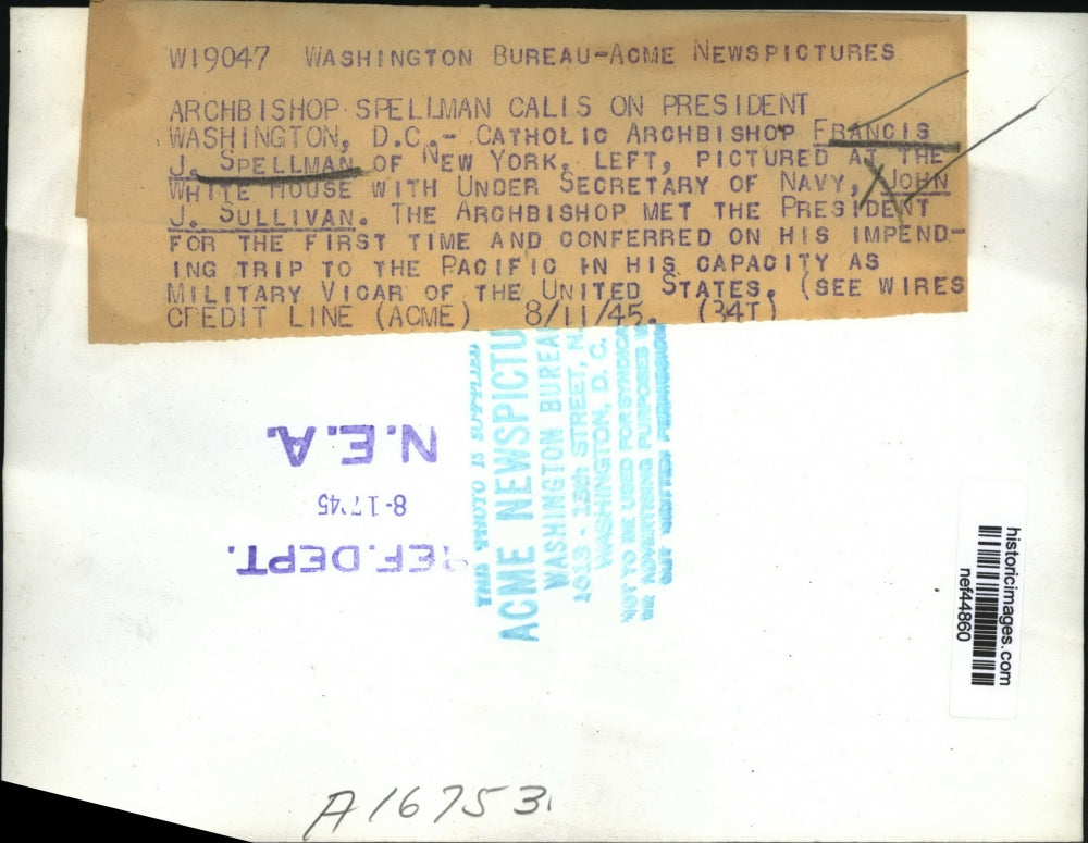 1945 Press Photo Archbishop Francis J. Spellman, John J. Sullivan at White House