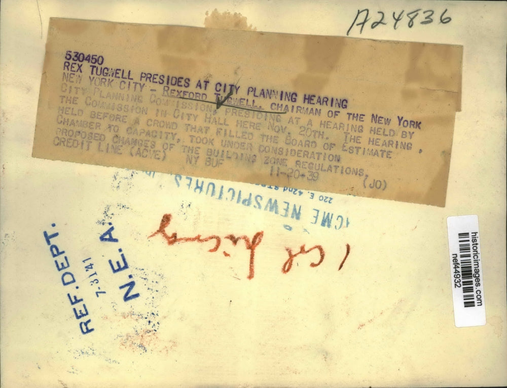 1939 Press Photo Rexford Tugwell at City Planning Commission Hearing, New York