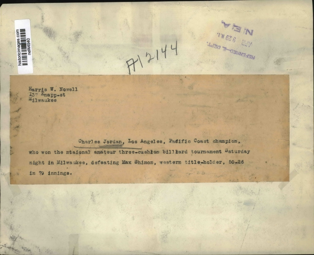 1929 Press Photo Charles Jordan of Amateur Billiards Tournament, Milwaukee