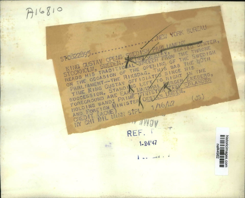 1947 Press Photo King Gustav at Opening Swedish Parliament, Stockholm