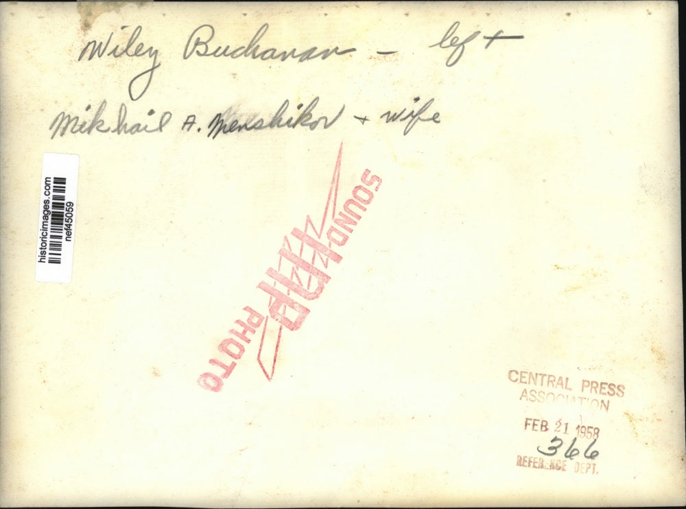 1958 Press Photo Wiley Buchanan Shakes Hand w/ Mikhail Menshikov & Wife