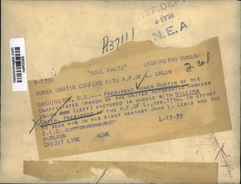 1939 Press Photo Homer Martin, William Green at AFL & UAW Meeting, Washington