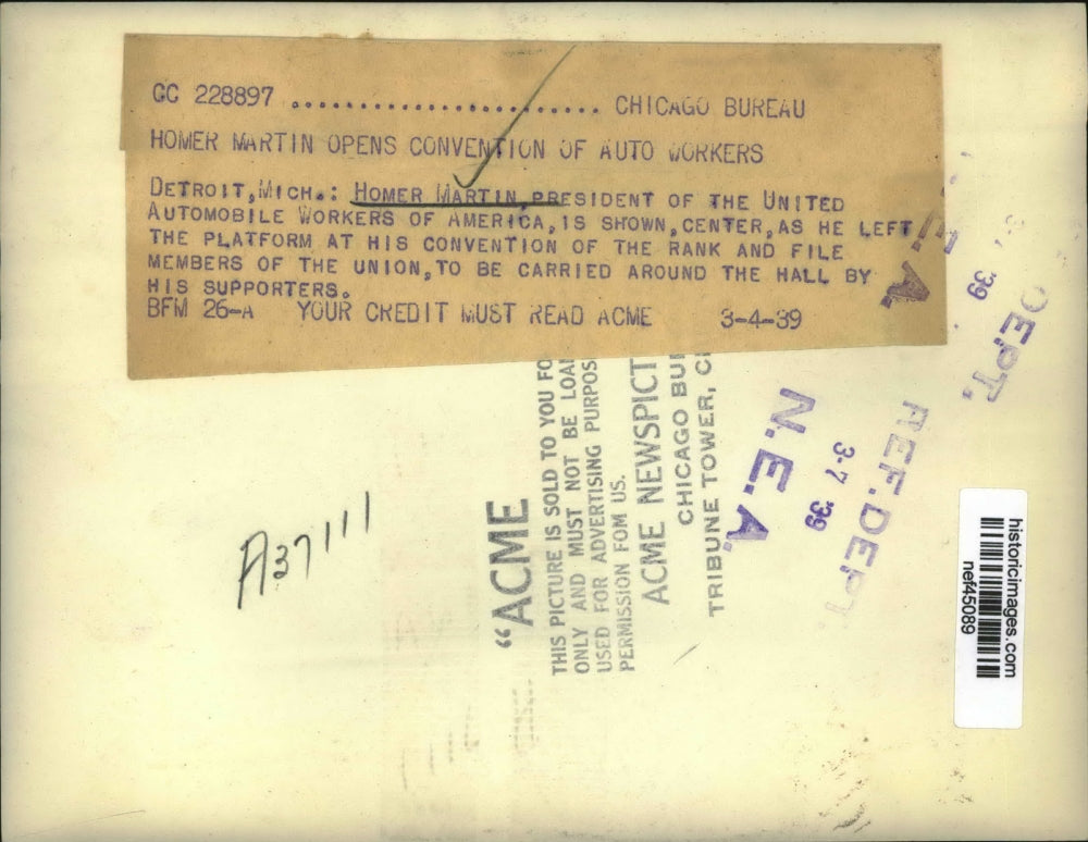 1939 Press Photo Homer Martin at United Auto Workers Convention, Detroit