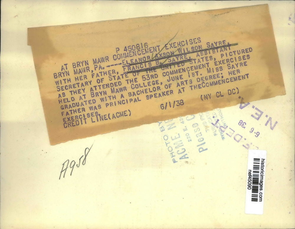 1938 Press Photo Eleanor Axson Wilson Sayre, Father Francis at Bryn Mawr College