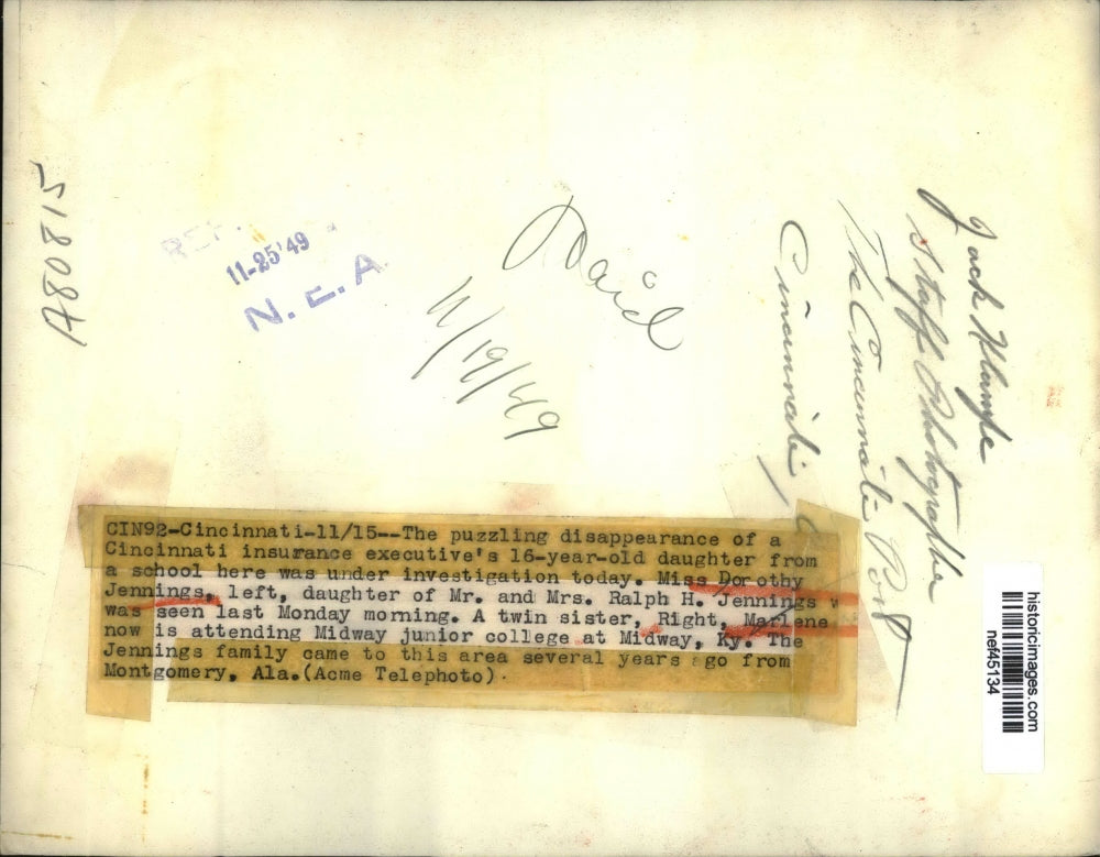 1949 Press Photo Dorothy Jennings, Missing Cinncinati Girl & Twin Sister Marlene