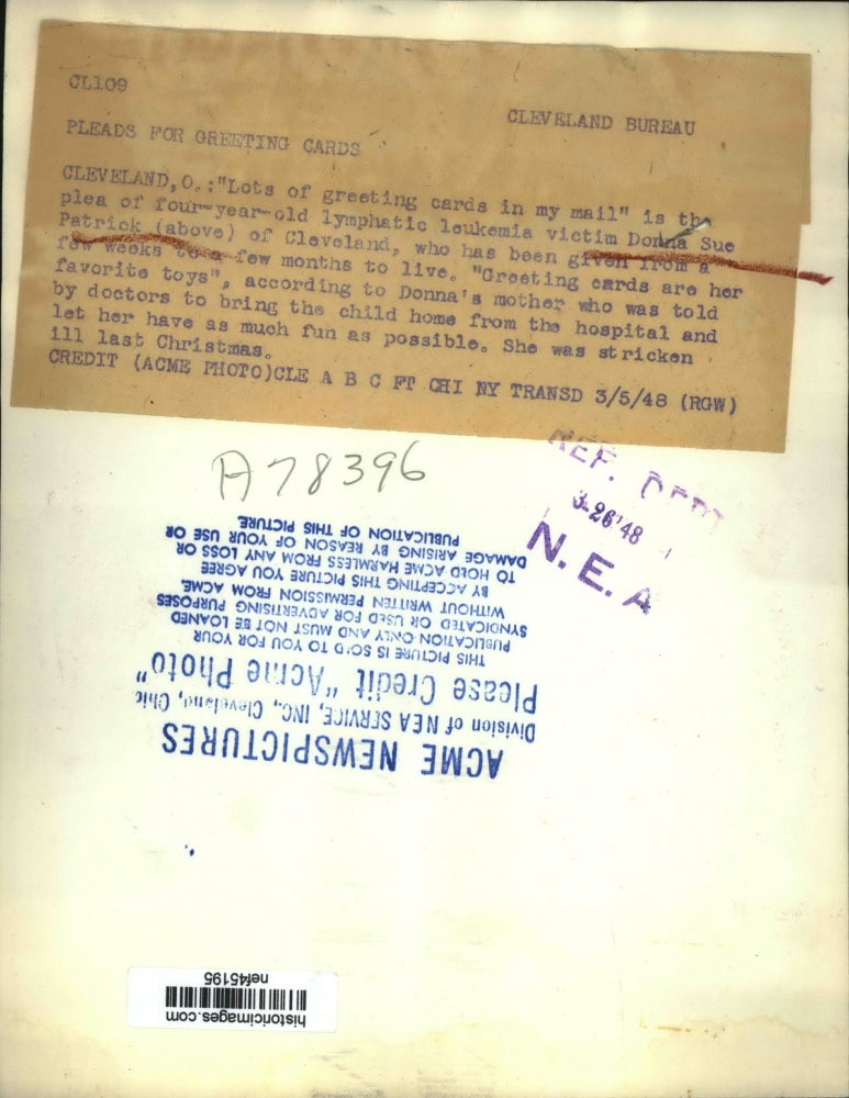 1948 Press Photo Lymphatic Leukemia Victim Donna Sue Patrick Wants Christmas