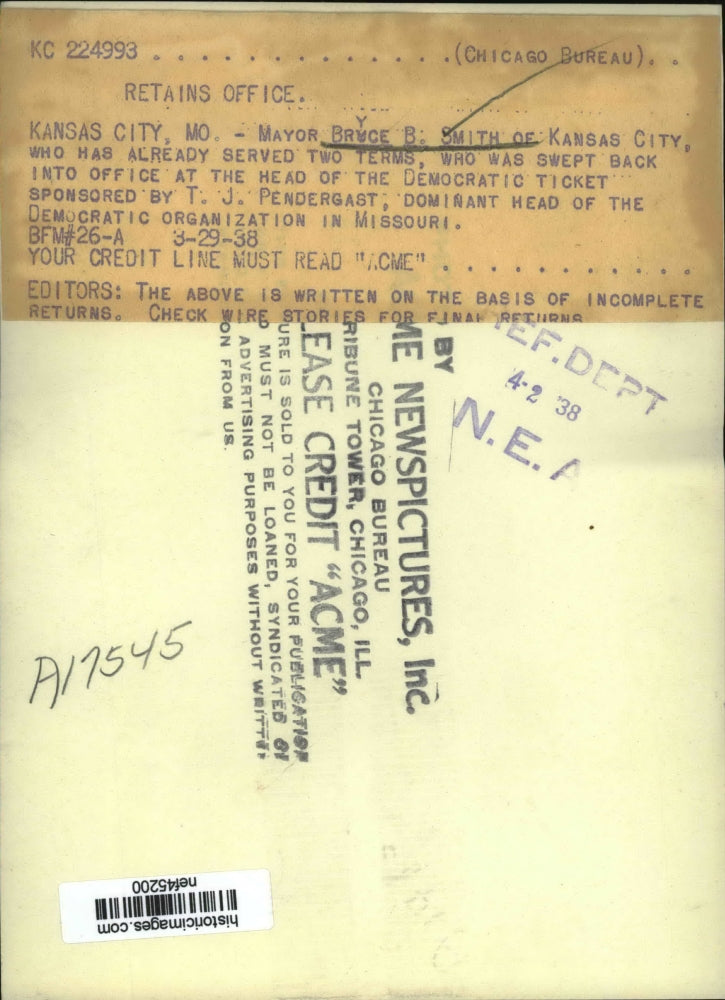 1938 Press Photo Kansas City Mayor Bryce B Smith Already Served 2 Terms