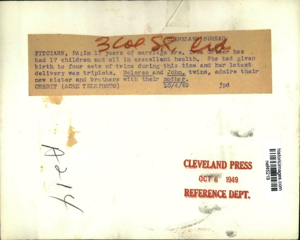 1949 Press Photo Mrs Irma Griser Has Had 4 Sets of Twins & Triplets Total 17 Kid