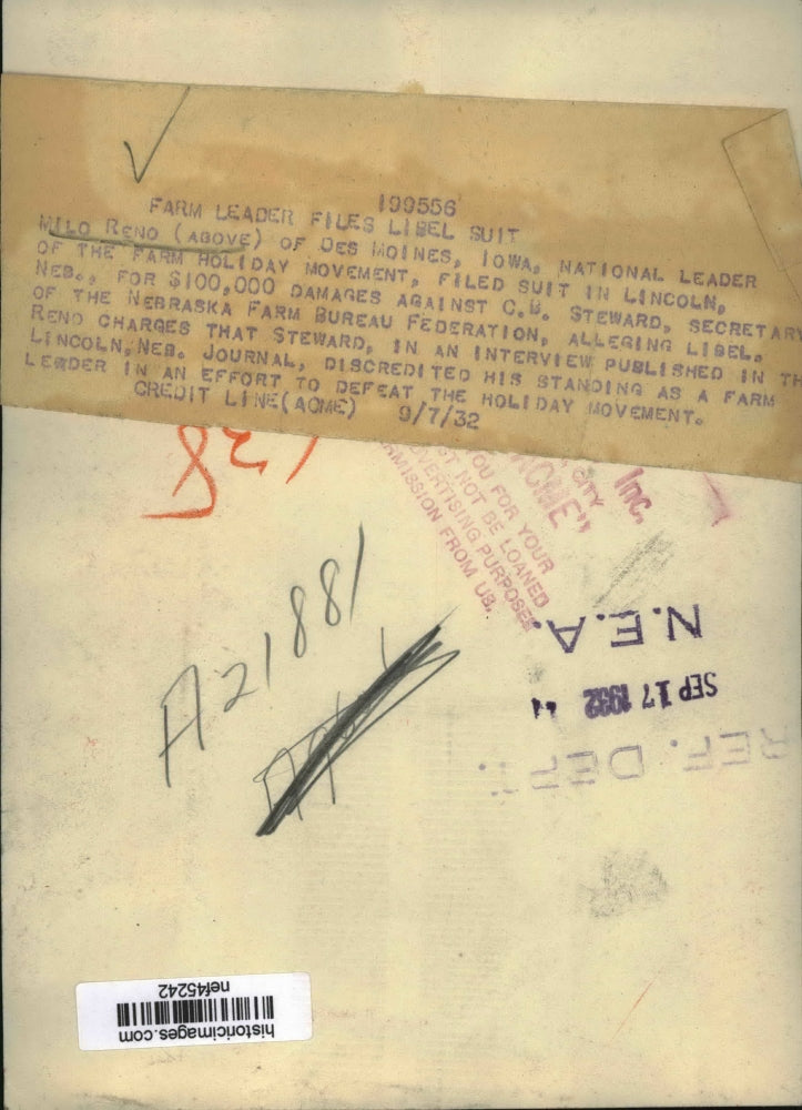 1932 Press Photo Milo Reno of Farm holiday Movement - nef45242