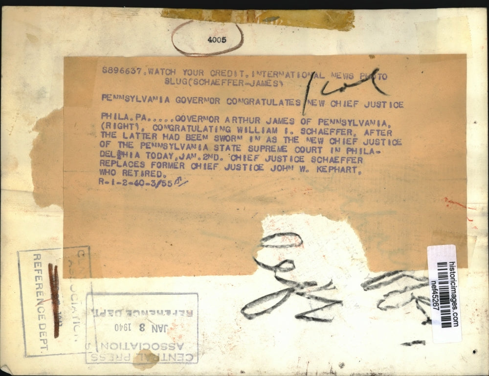 1940 Press Photo Governor Arthur James, William I. Schaeffer Shaking Hands, PA