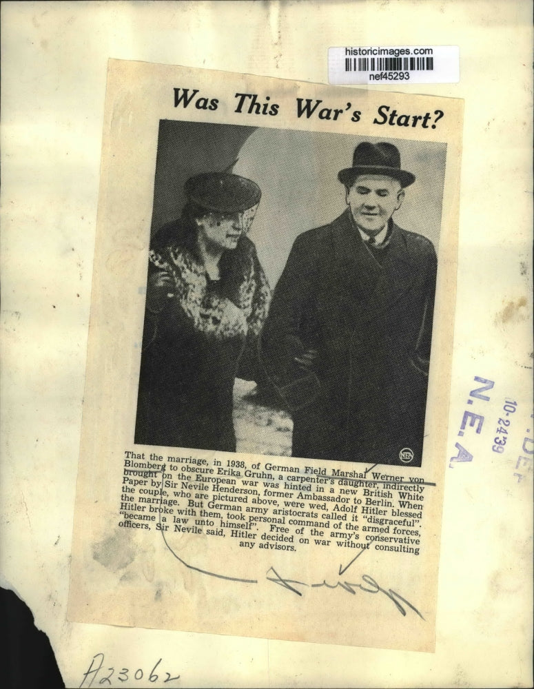 1939 Press Photo Warner con Blomberg, Wife Erika Gruhn - nef45293