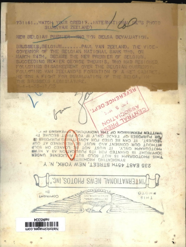 1935 Press Photo Paul Van Zeeland Becomes New Premier of Belgium on March 24th