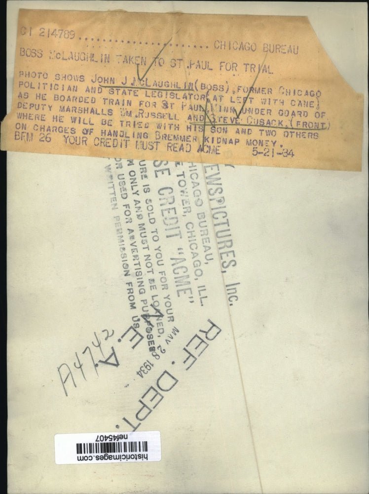 1934 Press Photo John J. McLaughlin, Guards Board Train to St. Paul, Minnesota